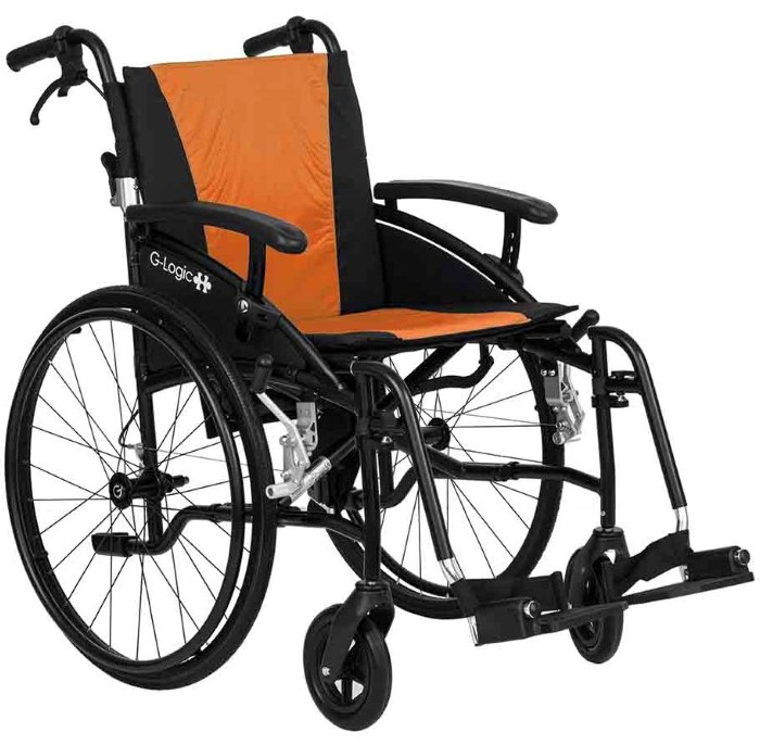 Excel G-Logic Lightweight Self Propelled Wheelchair With Black Frame and Orange Upholstery 18'' Standard Seat